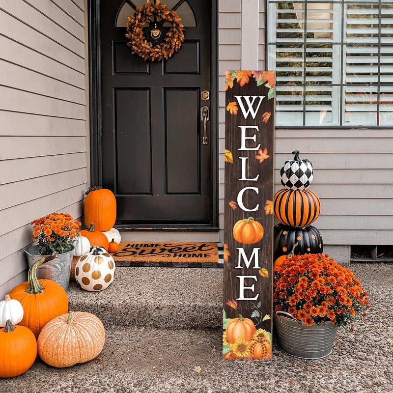 Seimip Fall Welcome Sign For Front Porch Fall Porch Sign Maple Leaf Pumpkin Sunflower Thanksgiving Decor Indoor Outdoor Autumn Wooden Vertical Sign For Patio Front Door Porch Wall Yard - Image 2